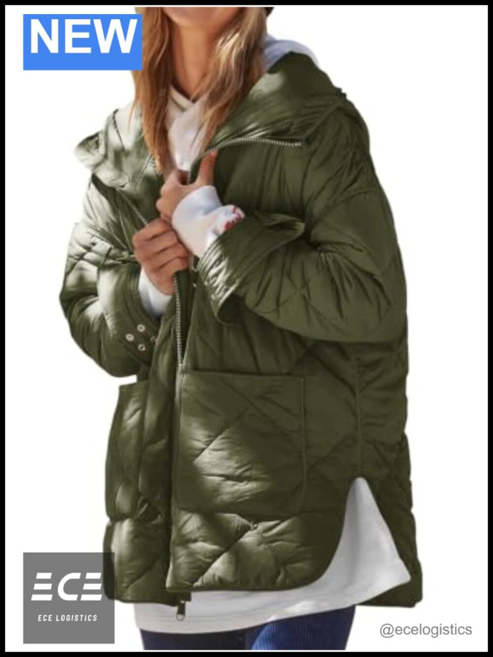 Quilted Puffer Jacket Hooded Pullover Winter Coat Oversized Batwing Sleeve